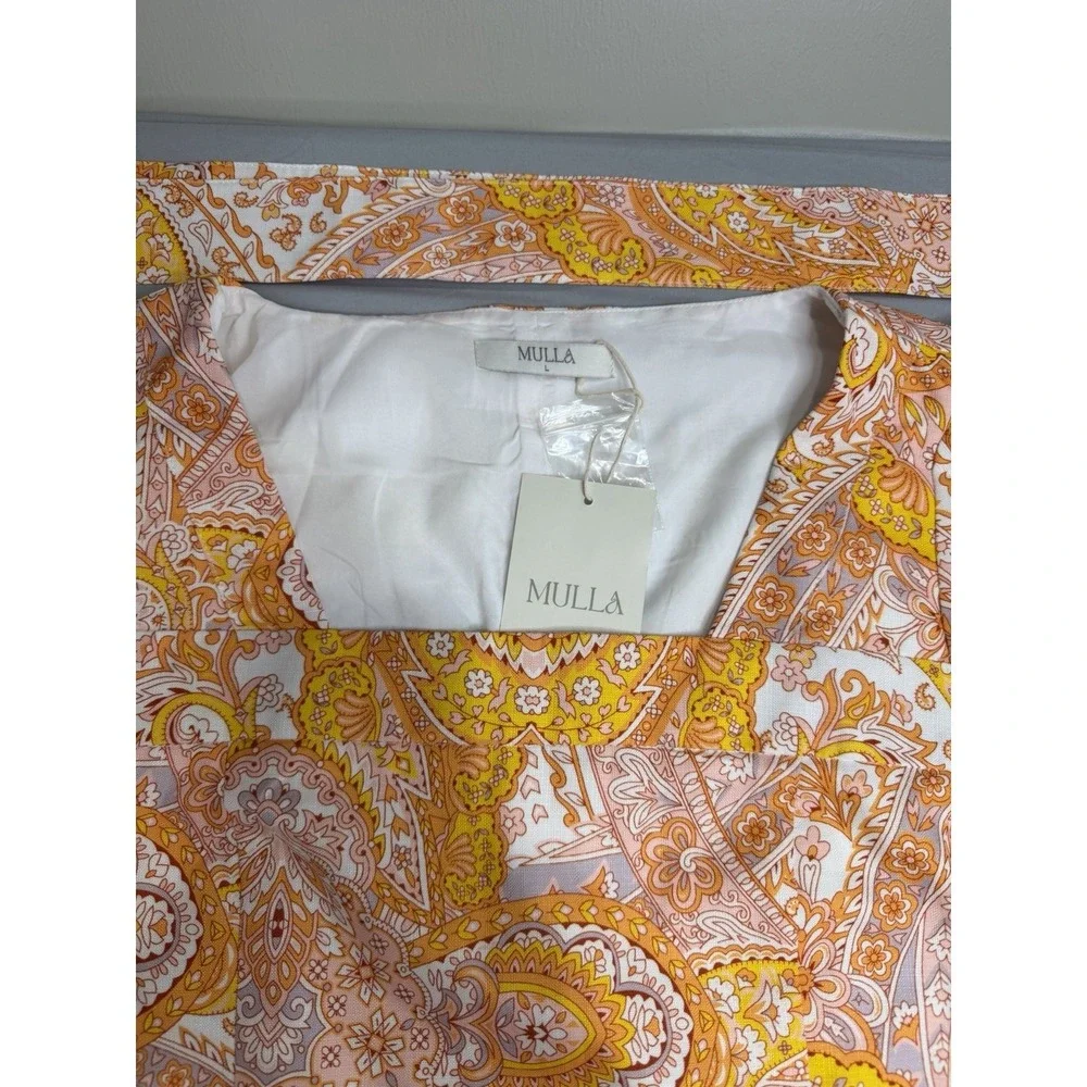 Mulla Linen Paisley Crop Top and Shorts Set L Orange White W/Belt Lined Party